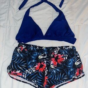Blue Bikini Top with Tropical Print Shorts women’s swim set